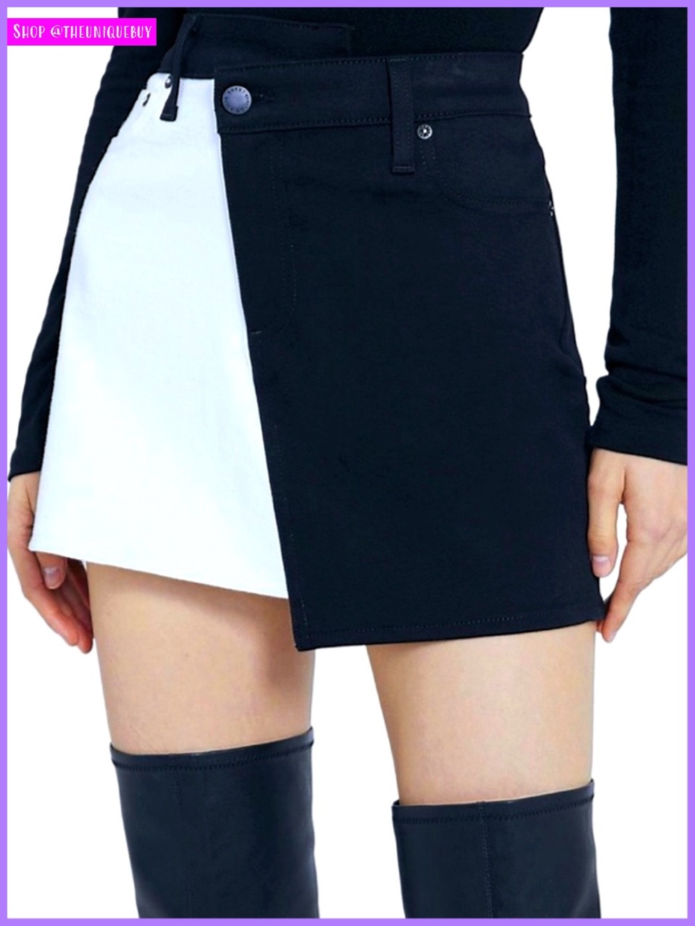 Alice + Olivia Patchwork Two Tone Black White Denim Jeans Mini Skirt